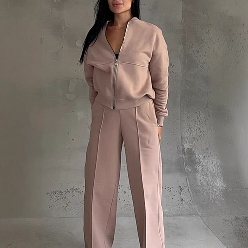 2024 Spring and Autumn Sweater Two-piece Women's Wear, Europe and America cross-border trend fashionable casual zipper cardigan and trousers