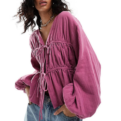 2024 Summer Women's Fashion Plicated Shoulders Long Sleeve Shirt