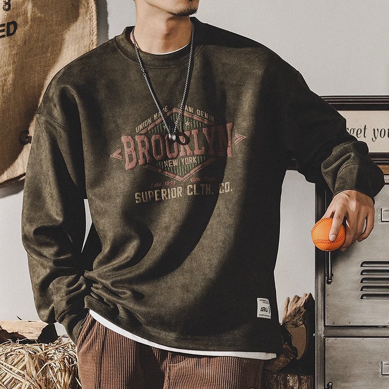 Moletom masculino retrô americano em camurça, modelagem folgada, marca moderna, gola redonda, manga longa, blusa masculina, jaqueta, camiseta._voghion.com