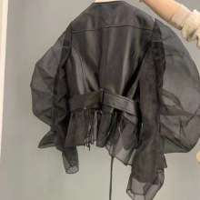 买手店专柜检漏bi入~短外套女欧根纱泡泡袖荷叶边时尚皮衣秋 大码