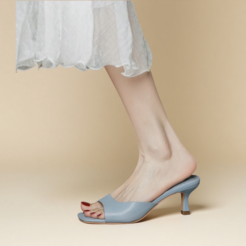 2026 Summer New Fashion Soft Leather Large Size High-Heeled Sandals with Thin Heels, Square Toe, Open-Toe Slip-On Slippers for Outdoor Wear