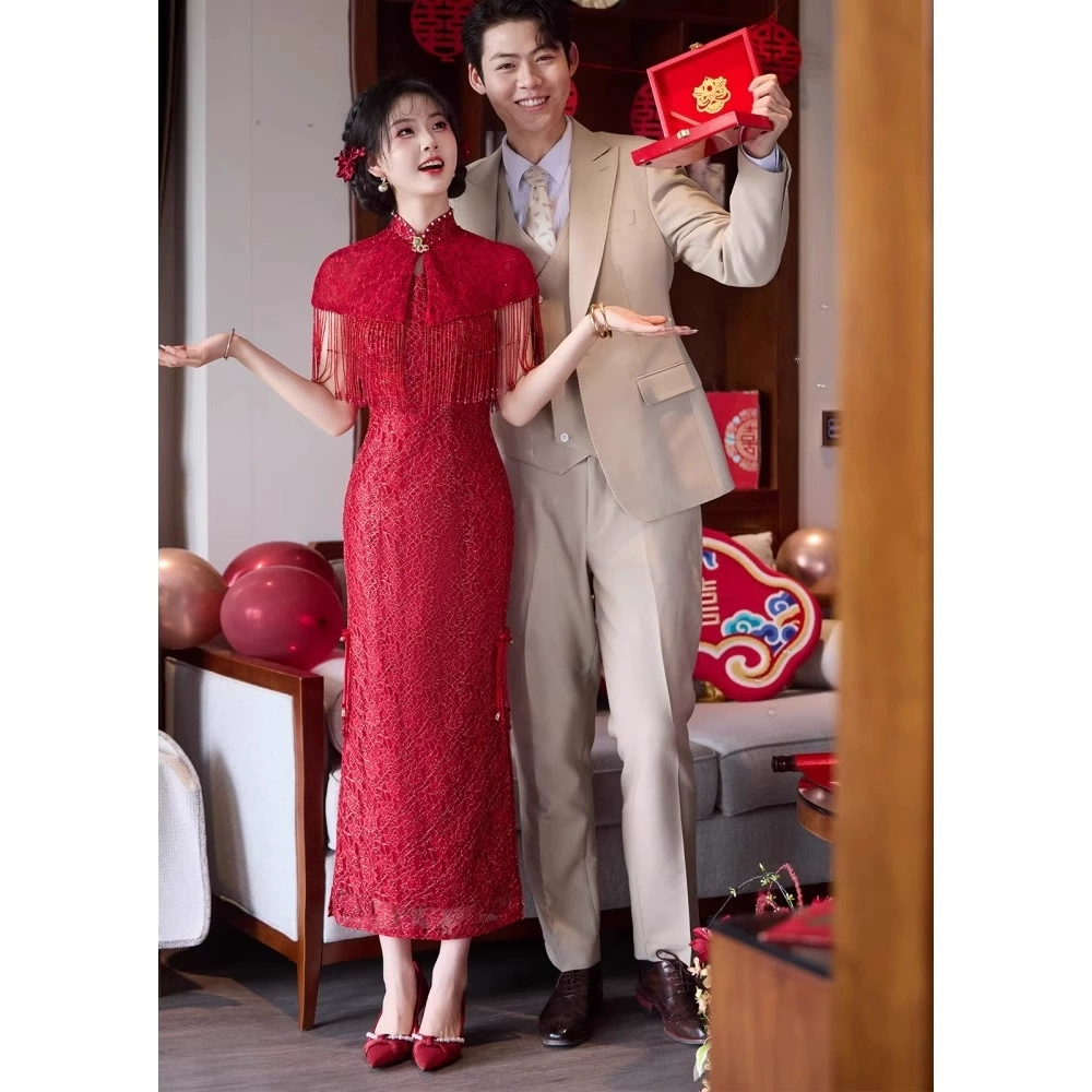 Бордовое элитное обручальное платье Cheongsam, новое платье для тостов в китайском стиле, домашняя повседневная одежда для невесты на День Благодарения