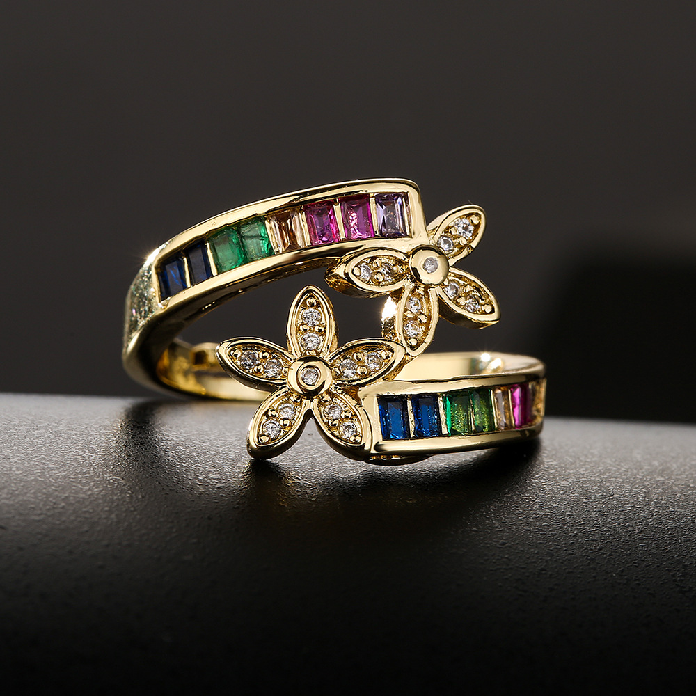 fashion T cubic zirconia flower geometric open copper ring female