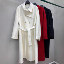 高个子千金风长款红白黑三色插肩袖系带金属扣双面羊毛呢大衣外套
