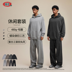 BE男装|2025秋季复古街头重磅480g做旧碧纹卫衣卫裤休闲套装男潮