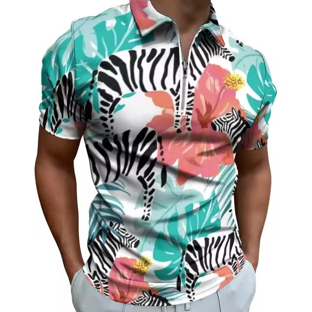 Camisa POLO con cremallera de manga corta suelta y transpirable con estampado 3D de graffiti a rayas irregulares de colores personalizados para hombres