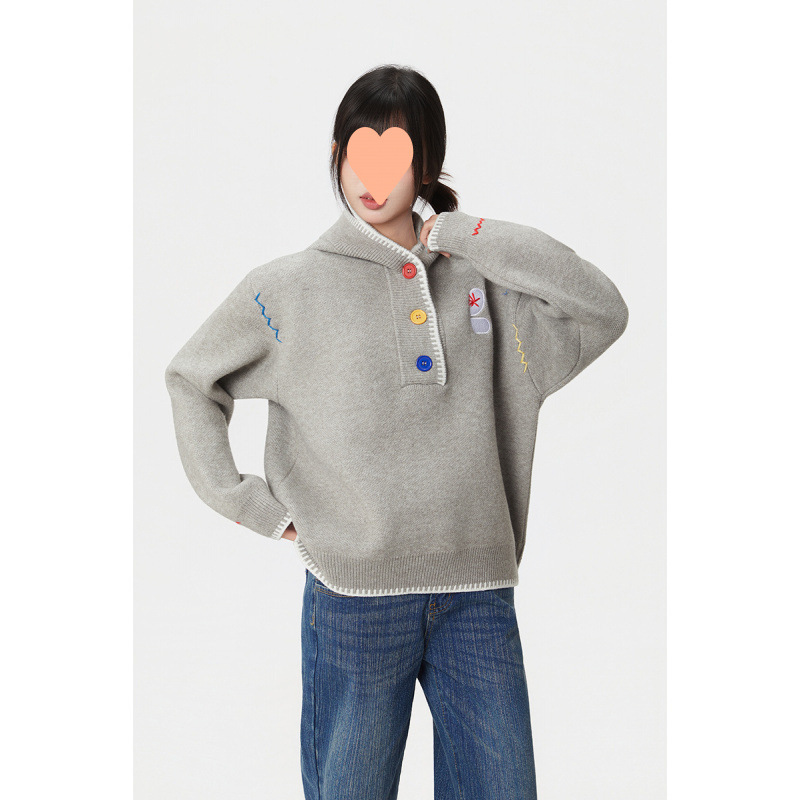 实拍绵羊绒长袖针织打底衫女设计感秋冬潮流新款彩扣连帽保暖毛衣