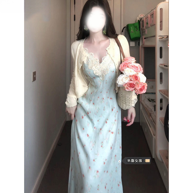 胖mm温柔风碎花吊带裙大码套装女春夏搭长袖开衫蕾丝拼接收腰长裙|undefined