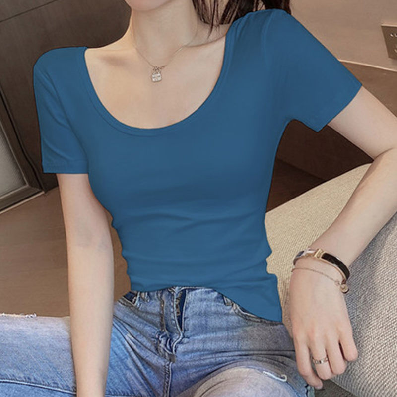 Camiseta blanca para mujer, manga corta, cuello en U, nuevo estilo de verano 2025, escote bajo, top delgado y ajustado, camiseta básica ajustada.