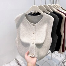 复古老钱风休闲叠穿圆领开衫马甲背心女女式针织衫新款短袖