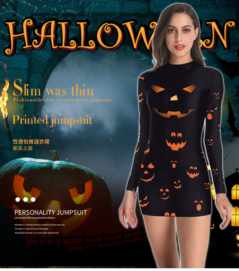 Halloween 3D Horror Pumpkin Digital Print Long Sleeve Dress NSNDB78850