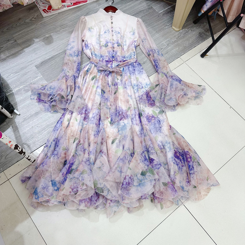 Australian French-Style Niche Printed Button-Down Long Dress with an Elegant and Ethereal Large Hem A2 # 8210