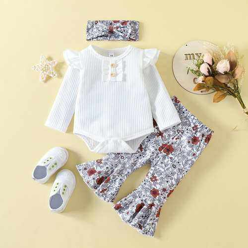 Set of baby and children's onesies and long pants for autumn , European and American girls' solid color onesies and bell-bottom pants set