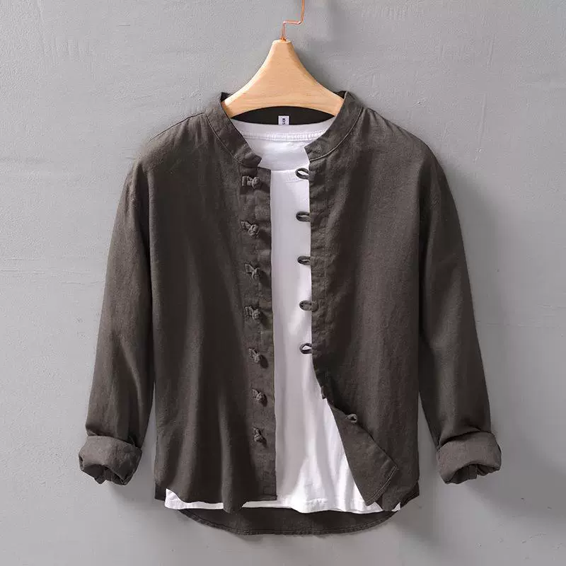 L961 Ретро Стиль Китайский Стиль Пряжка Свободная рубашка пальто хлопок и лен рубашка с длинными рукавами Мужская цельная доставка