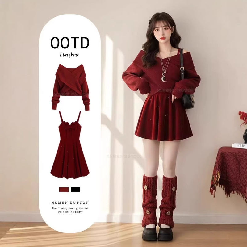 Plus-Size Spring Intellectual Style Outfit for Women: Red Short Knitted Sweater Paired with a Super Stylish Suspender Dress Two-Piece Set Plus-Size Spring Intellectual Style Outfit for Women: Red Short Knitted Sweater Paired with a Super Stylish Suspender Dress Two-Piece Set