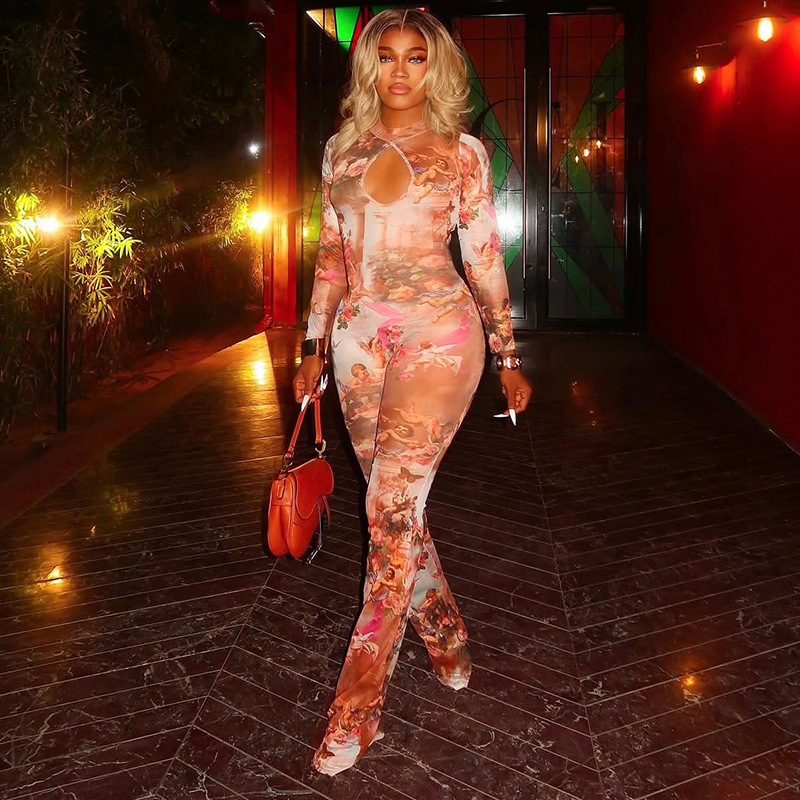 J25Jp336 European and American Style Cross-Border Women's Autumn and Winter Round Neck Zipper Cut Out Mesh Printed Micro-Flared Nine-Point Jumpsuit