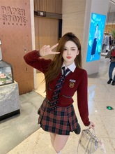 大码美式学院风套装女小个子衬衫毛衣叠穿四件套jk制服韩系校服潮