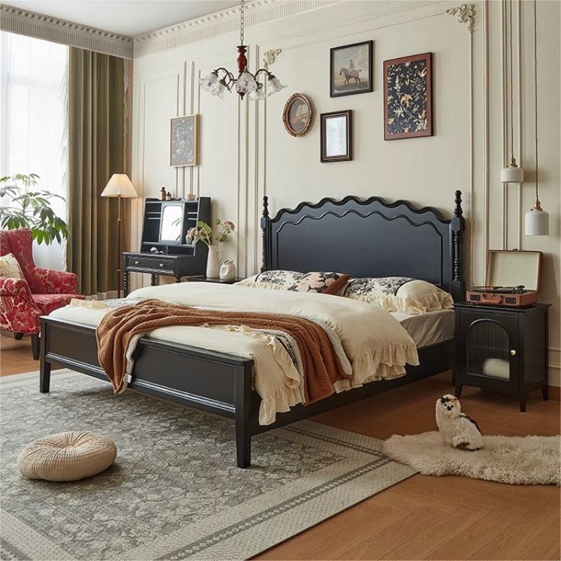 Cama de madera maciza americana negra retro 1.8m cama doble francesa dormitorio principal cama de almacenamiento estilo medieval Leia cama queen image 4