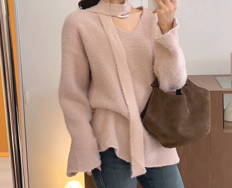 Sciarpa con scollo a V in stile coreano con pullover in pelliccia di visone, morbida maglia appiccicosa per l'autunno e l'inverno delle donne_voghion.com