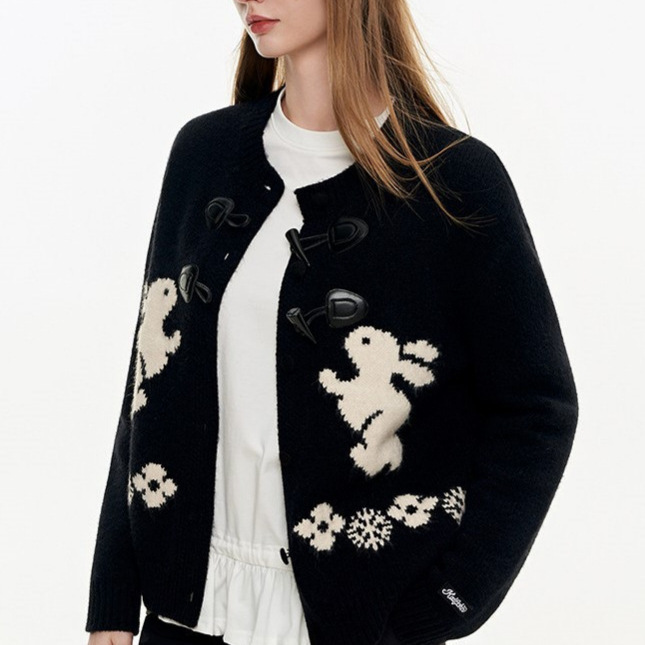 Vintage Rabbit Embroidery Horn Button Knitted Cardigan for Women, Autumn/Winter Slimming Versatile Sweater Jacket, Thick Vintage Rabbit Embroidery Horn Button Knitted Cardigan for Women, Autumn/Winter Slimming Versatile Sweater Jacket, Thick