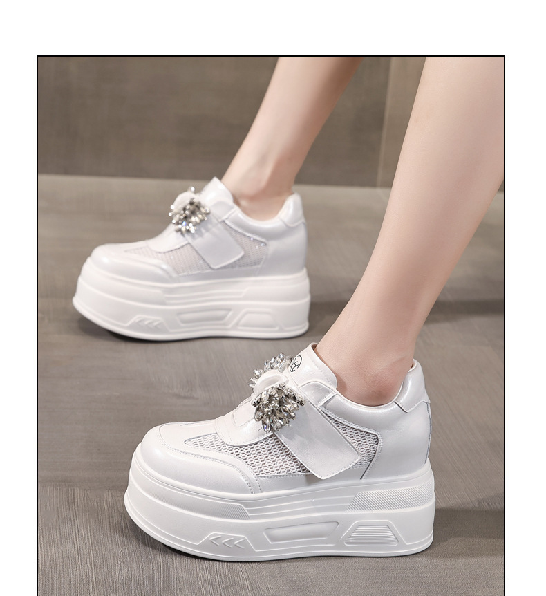 Giày sneaker nữ đế dày tăng chiều cao, mặt lưới thoáng khí, đính đá rhinestone — màu trắng chi tiết 12