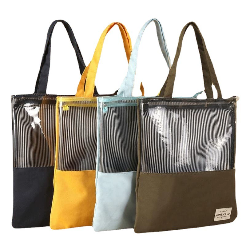 Capacious study bag for elementary school students with zipper, mesh bag, linen bag for folders