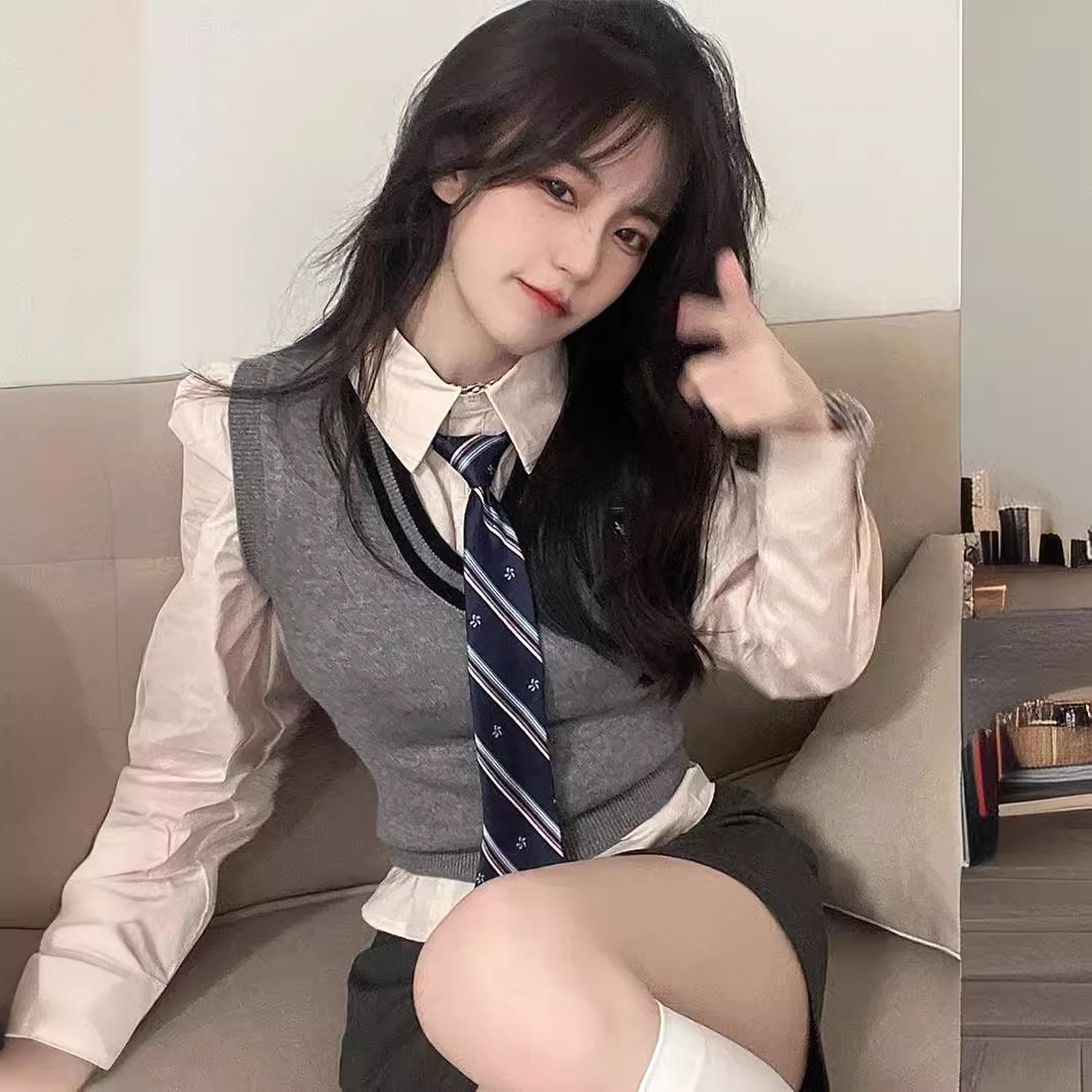 봄 여자 JK 유니폼 샤오샹 대학 스타일 셔츠 조끼 한국 드라마 2 피스 세트 원피스 착용