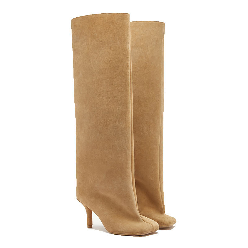 European and American Foreign Trade New Suede Knee-high Boots Square Head Stitching Thin Heel Straight Boots High Heel Simple Fashion Boots plus size Women
