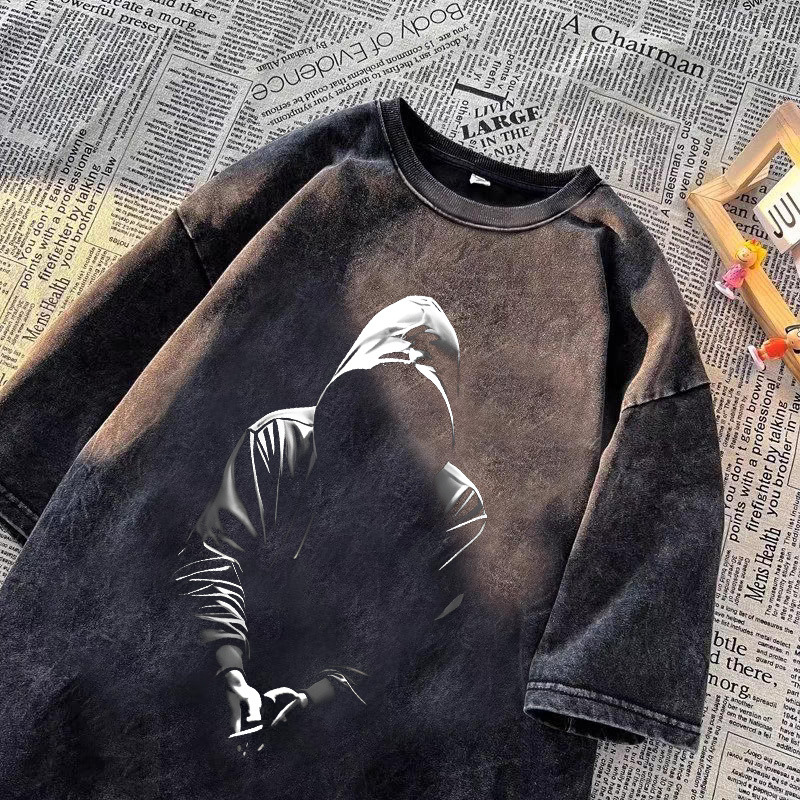 Camiseta de manga corta de algodón puro desgastado lavado retro americano para hombre, camiseta de media manga de marca holgada informal de verano para hombre