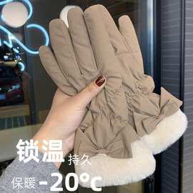 保暖触屏手套女冬天加绒加厚防风寒蝴蝶结棉手套骑行电动开车滑雪