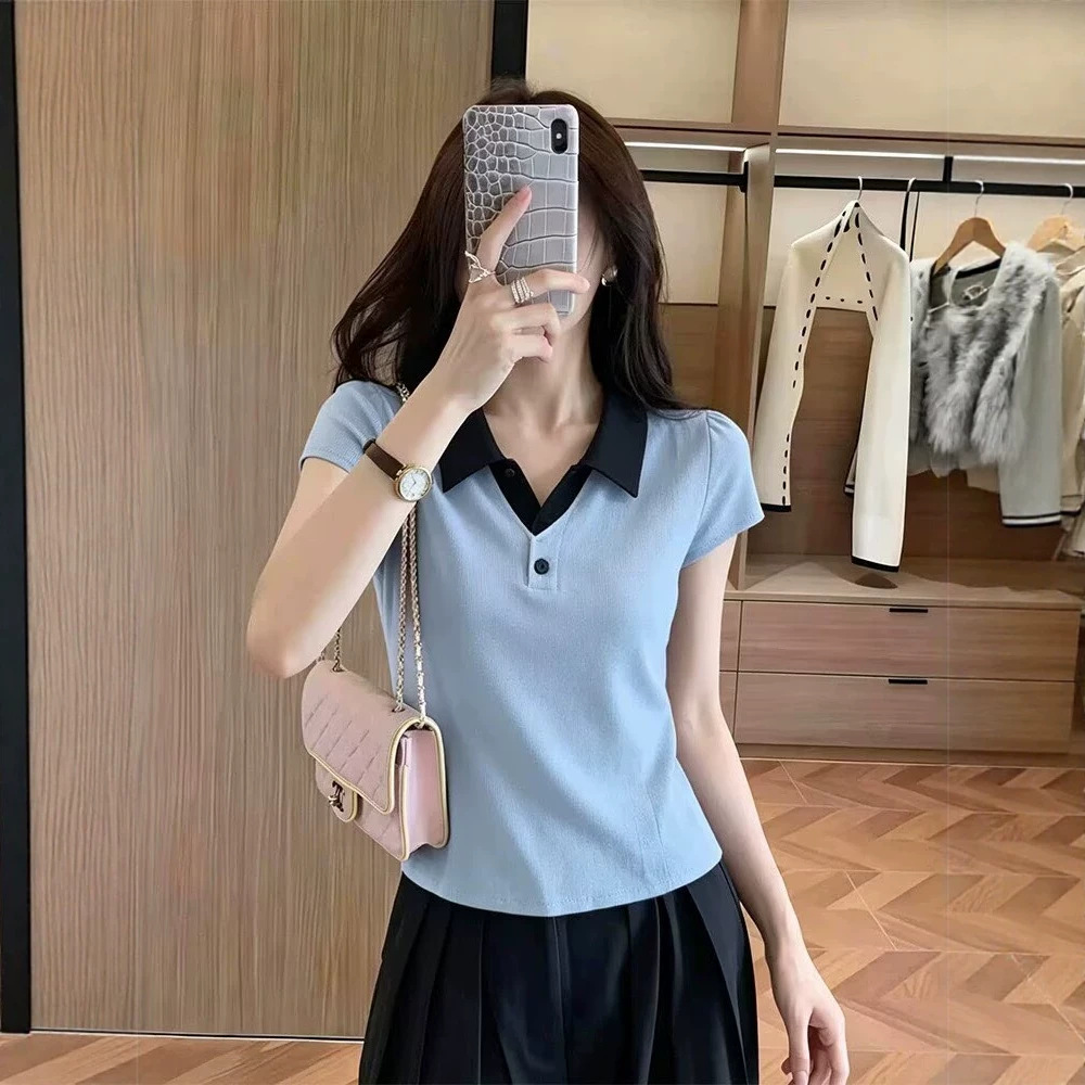 Áo polo nữ tay ngắn cổ lật phối màu phong cách Hàn Quốc — xanh lam chi tiết 4