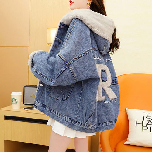 Women's Fleece Jacket Campus Style imitation Lamb Fleece Denim Jacket Small Figure Trendy Cotton Coat Outerwear Warm Cotton Padded Jacket