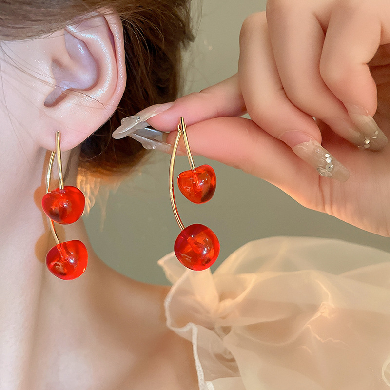 11g Weight 925 Sterling Silver Ear Needle Material Drop Earrings Classification 1 Pair Quantity Holiday, Daily Occasion Resin, Copper Material Cherry Pattern Women's Gender Cute, Sweet Style 1 Pair Cute Sweet Cherry Resin Copper Drop Earrings 6