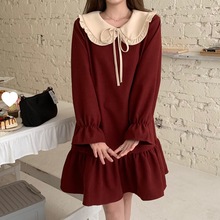 春秋季2025年新款日系娃娃领矮小个子显高设计感灯芯绒连衣裙