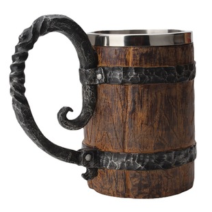 Cross-border simulation wooden barrel double-layer beer mug creative personality office resin stainless steel liner drinking cup