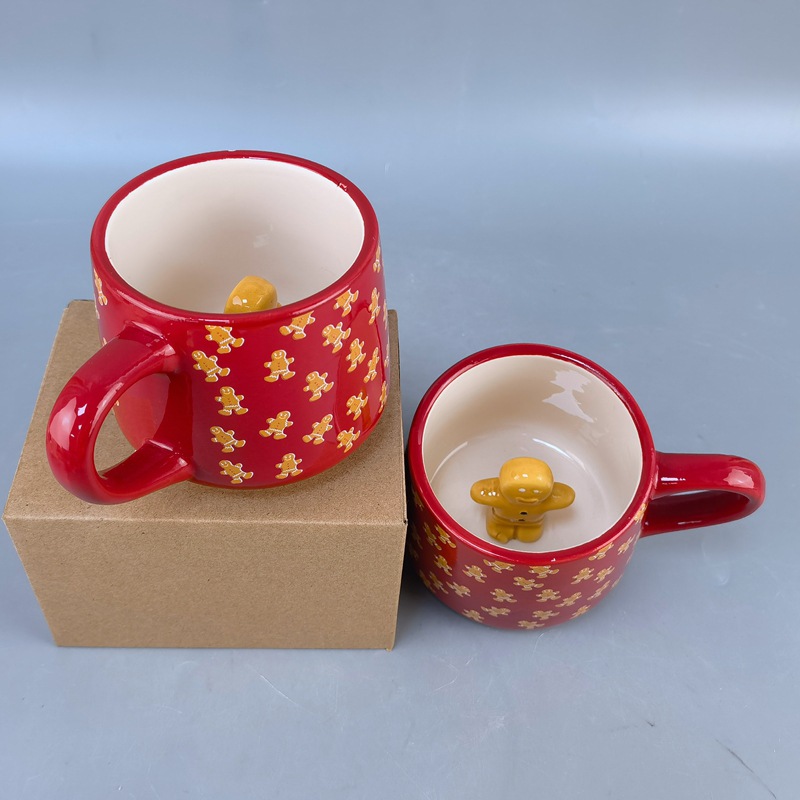Taza de agua en stock, taza de café navideña, taza de cerámica con diseño de hombre de jengibre, con dibujos animados en el interior, regalo navideño