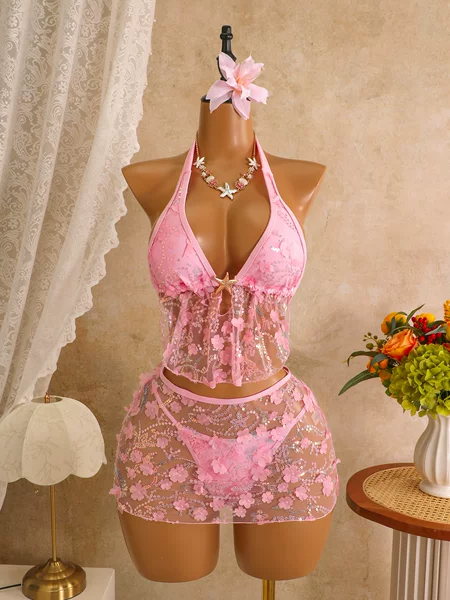 2026 European and American New Style Pink Mesh Three-Piece Swimsuit for Women, Halter Neck Sexy Bikini, Beach Vacation Style, Cross-Border