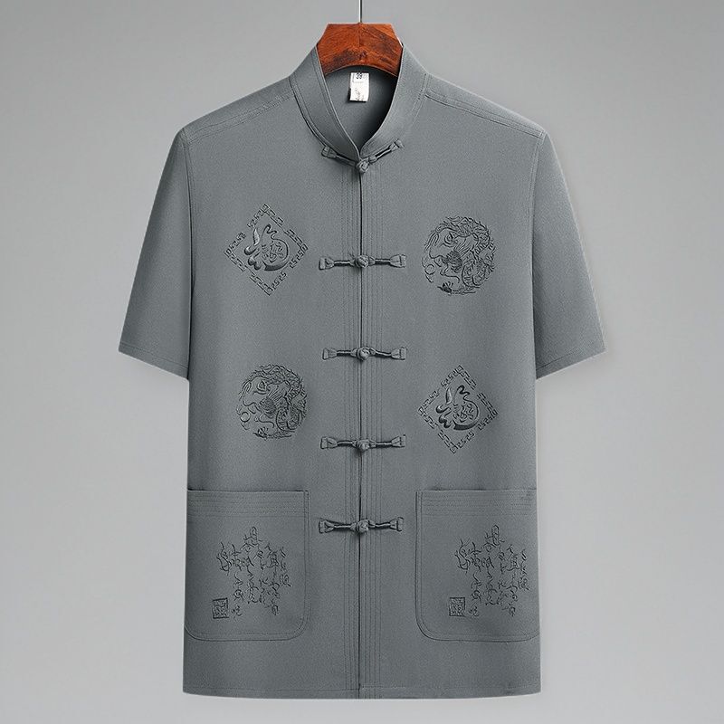 Summer Men's Short-Sleeved Dad Shirts Chinese Style Ice Silk Grandpa Clothes for the Elderly Summer Clothes for Middle-Aged and Elderly Tang Suits and Han Dynasty