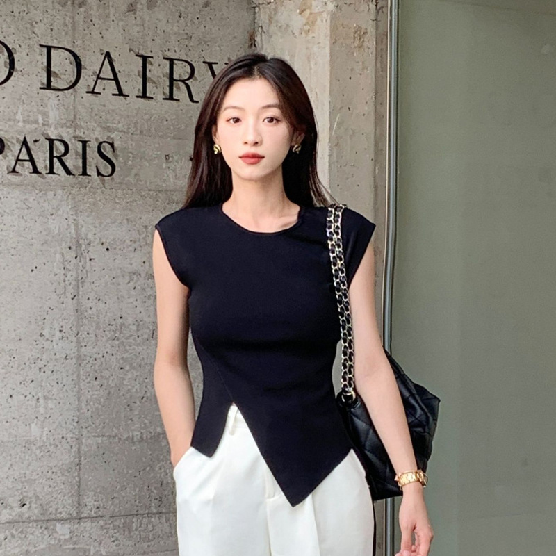 Agent quality high-grade ice silk waist slimming design sweater crew neck pullover split waistcoat women