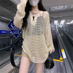 实拍韩系v领镂空防晒罩衫女装夏季新款设计感小众气质慵懒风上衣