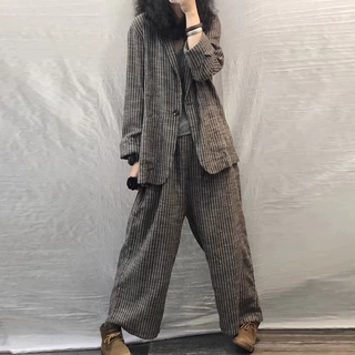 秋季文艺复古两件套名媛大码女装胖mm洋气休闲套装宽松小西装时尚