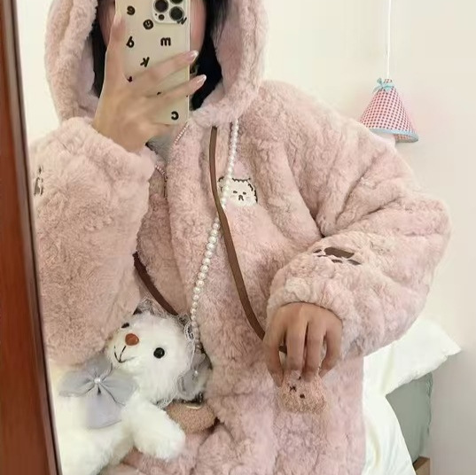 (2개) 겨울 귀여운 두꺼운 따뜻한 곰 후드 가을과 겨울 부드러운 왁스 느슨한 코트