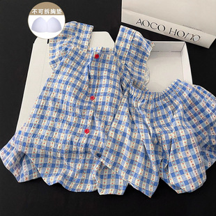 Blue Plaid Pajamas for Girls Summer Pure Cotton with Breast Pads, Small Flying Sleeves, Suspenders Shorts, 2024 New Home Clothes