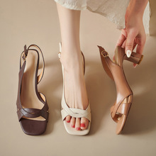 绝美3色气质女神范配裙子牛皮2024夏粗跟高跟方头露趾真皮凉鞋女