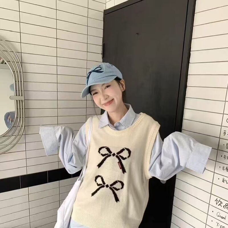 春秋新款韩系气质蝴蝶结圆领时尚百搭叠穿针织马甲女洋气时髦上衣|undefined
