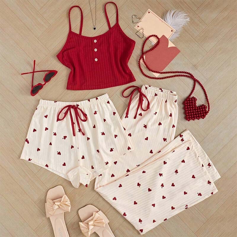 Heart-Shaped Pajamas for Women, Spring and Summer Sweet and Cute Three-Piece Set, High-End Cotton Camisole, Shorts, Long Pants, Sexy Loungewear Heart-Shaped Pajamas for Women, Spring and Summer Sweet and Cute Three-Piece Set, High-End Cotton Camisole, Shorts, Long Pants, Sexy Loungewear