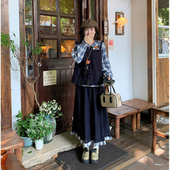 大码日系学院风套装女秋季甜美格子衬衫胖MM灯芯绒半身裙子三件套