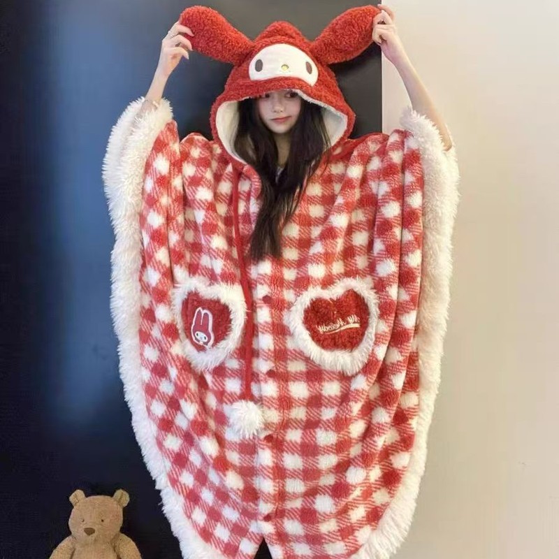 卡通可爱米奇连帽珊瑚绒睡袍加绒斗篷加厚恐龙梨家居服披肩款网红|undefined