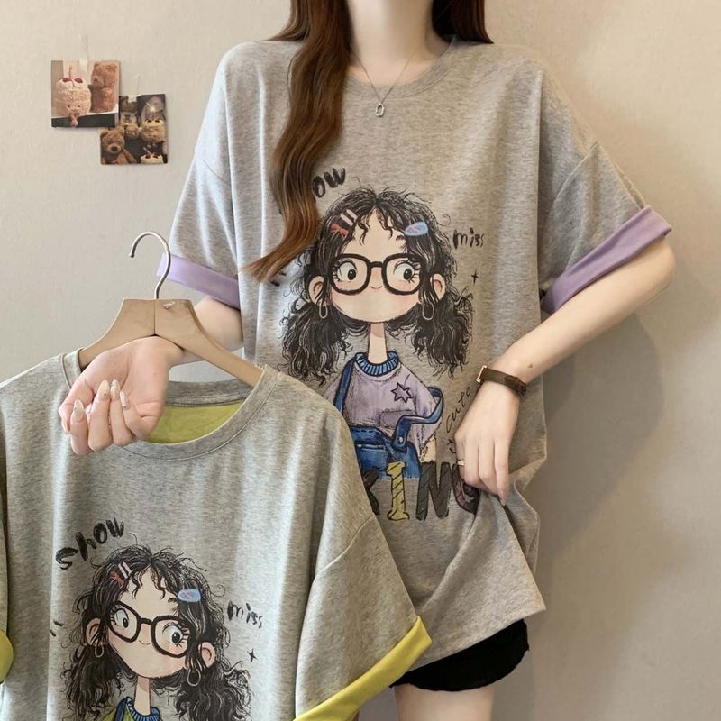 大きいサイズの対照的なカラーの漫画プリント半袖 T シャツ女性のための夏 2025 新しいファット mm ルーズ痩身ファッショナブルなトップス女性のための|undefined