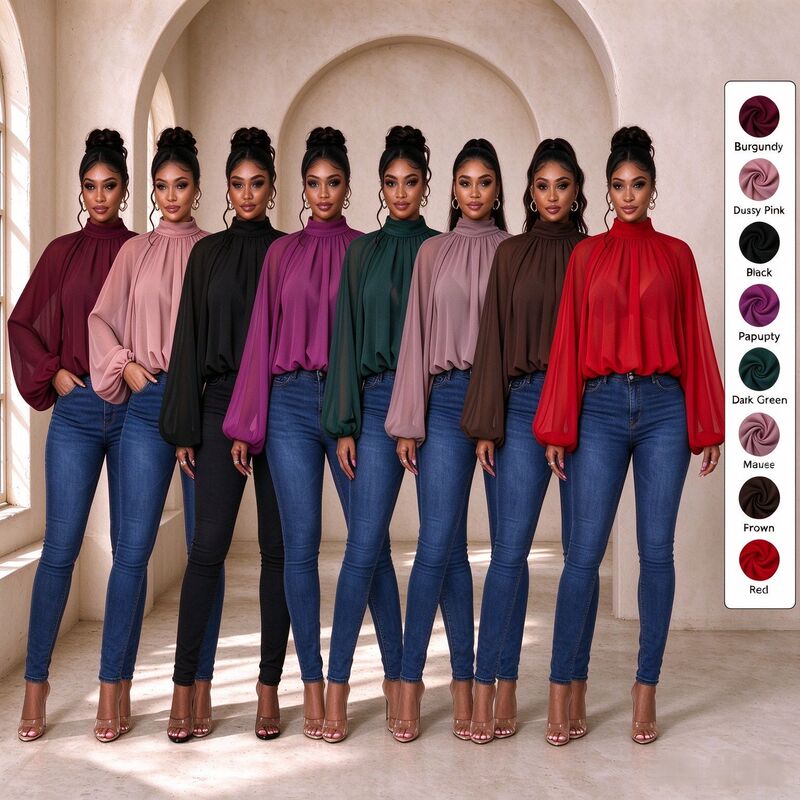 2026 Summer European and American Style Lantern Sleeve Stand Collar Shirt for Women, Thin Commuter Top, Direct from Factory 2026 Summer European and American Style Lantern Sleeve Stand Collar Shirt for Women, Thin Commuter Top, Direct from Factory